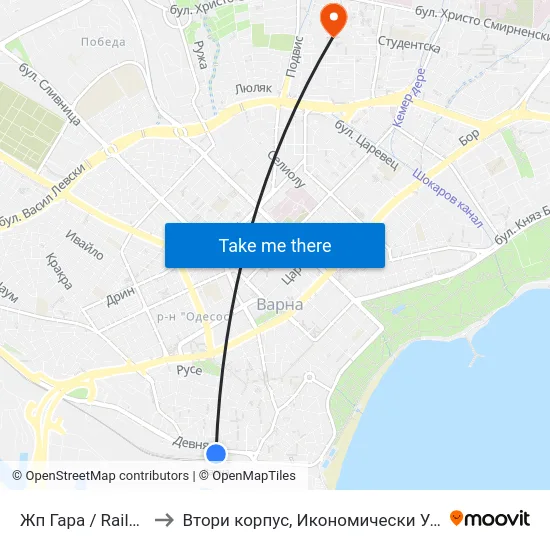 Жп Гара / Railway Station to Втори корпус, Икономически Университет - Варна map