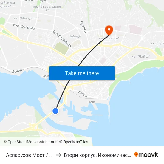 Аспарухов Мост / Asparuhov Bridge to Втори корпус, Икономически Университет - Варна map