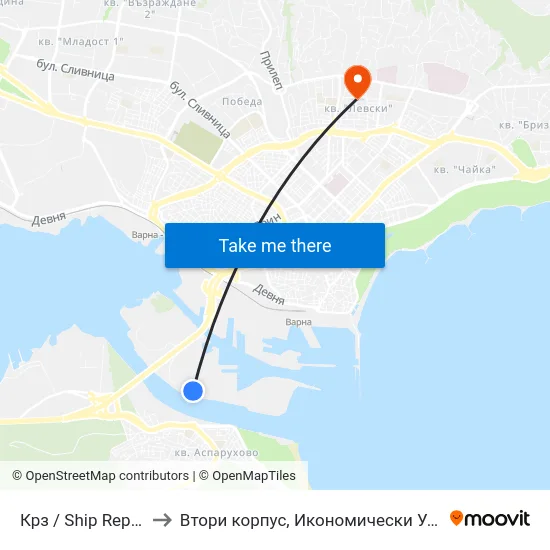 Крз / Ship Repair Factory to Втори корпус, Икономически Университет - Варна map