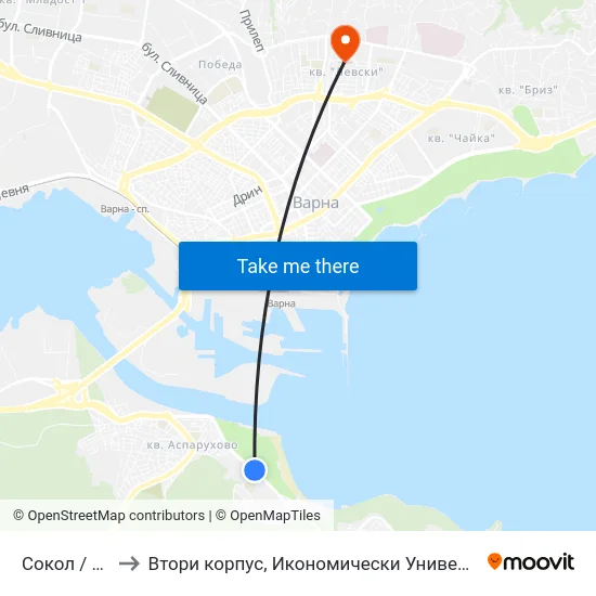 Сокол / Sokol to Втори корпус, Икономически Университет - Варна map