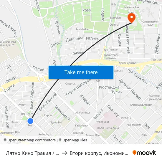 Лятно Кино Тракия / Trakiya Summer Cinema to Втори корпус, Икономически Университет - Варна map