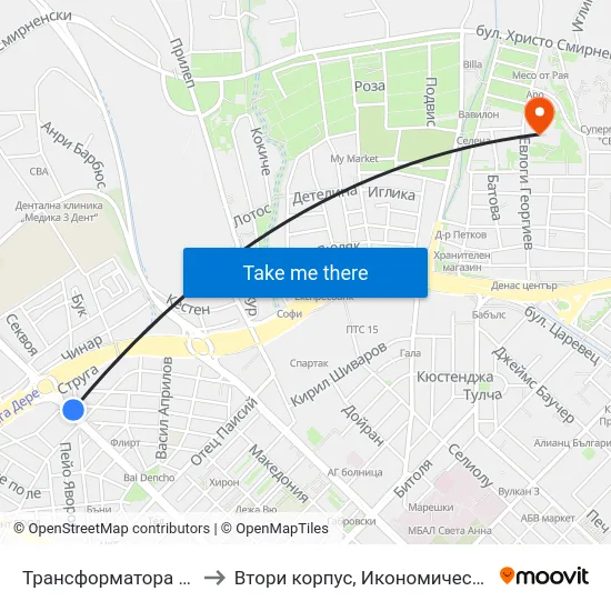 Трансформатора / Transformatora to Втори корпус, Икономически Университет - Варна map