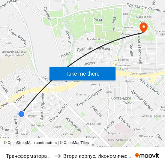 Трансформатора / Transformatora to Втори корпус, Икономически Университет - Варна map