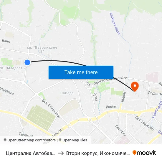 Централна Автобаза / Central Autobase to Втори корпус, Икономически Университет - Варна map