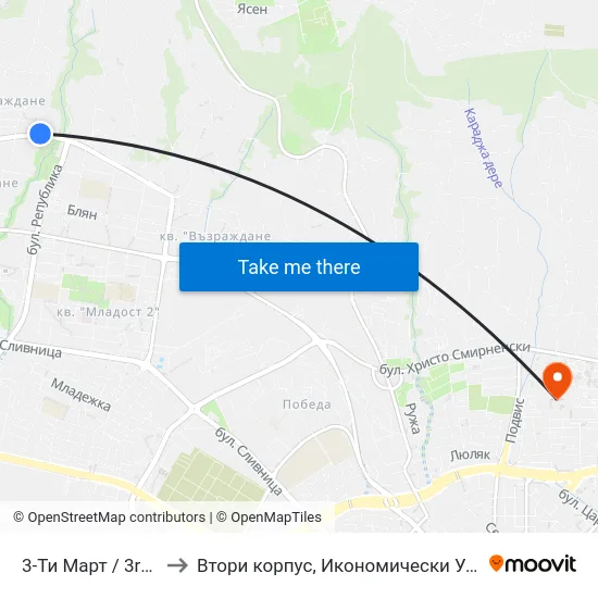 3-Ти Март / 3rd Of March to Втори корпус, Икономически Университет - Варна map