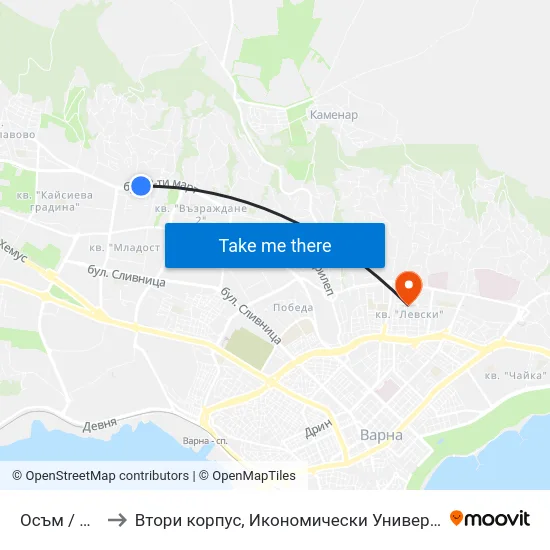Осъм / Osam to Втори корпус, Икономически Университет - Варна map