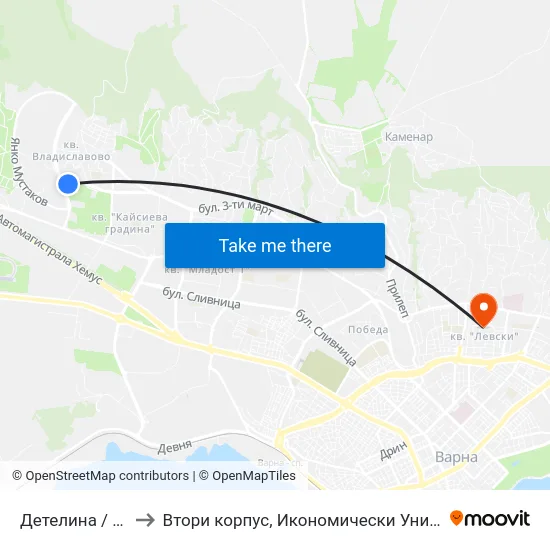 Детелина / Detelina to Втори корпус, Икономически Университет - Варна map