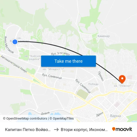 Капитан Петко Войвода / Captain Petko Voyvoda to Втори корпус, Икономически Университет - Варна map