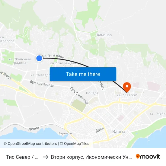 Тис Север / Tis North to Втори корпус, Икономически Университет - Варна map