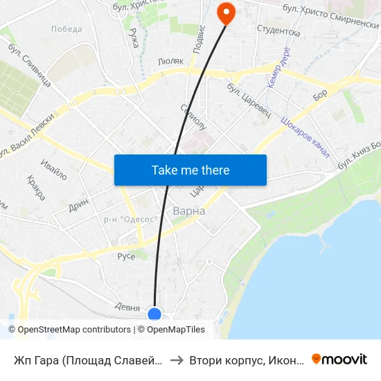 Жп Гара (Площад Славейков) / Railway Station (Slaveykov Square) to Втори корпус, Икономически Университет - Варна map