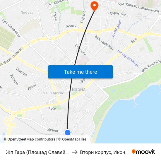 Жп Гара (Площад Славейков) / Railway Station (Slaveykov Square) to Втори корпус, Икономически Университет - Варна map