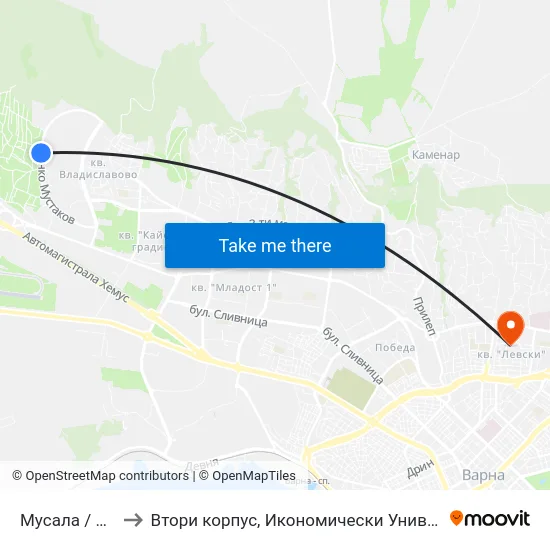 Мусала / Musala to Втори корпус, Икономически Университет - Варна map