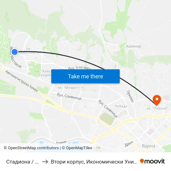 Стадиона / Stadium to Втори корпус, Икономически Университет - Варна map