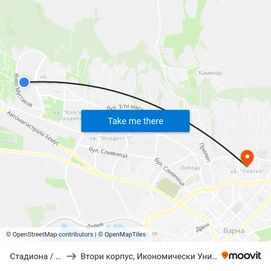 Стадиона / Stadium to Втори корпус, Икономически Университет - Варна map
