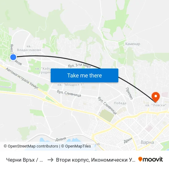 Черни Връх / Cherni Vrah to Втори корпус, Икономически Университет - Варна map