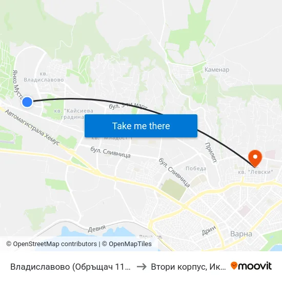 Владиславово (Обръщач 118 Газстанция) / Vladislavovo (Tumbler 118 Gas Station) to Втори корпус, Икономически Университет - Варна map