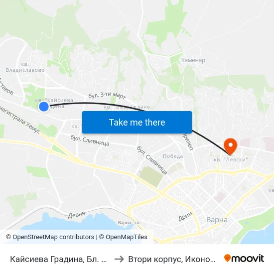 Кайсиева Градина, Бл. 229 / Kaysieva Gradina Qr, Bl. 229 to Втори корпус, Икономически Университет - Варна map