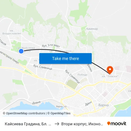 Кайсиева Градина, Бл. 229 / Kaysieva Gradina Qr, Bl. 229 to Втори корпус, Икономически Университет - Варна map