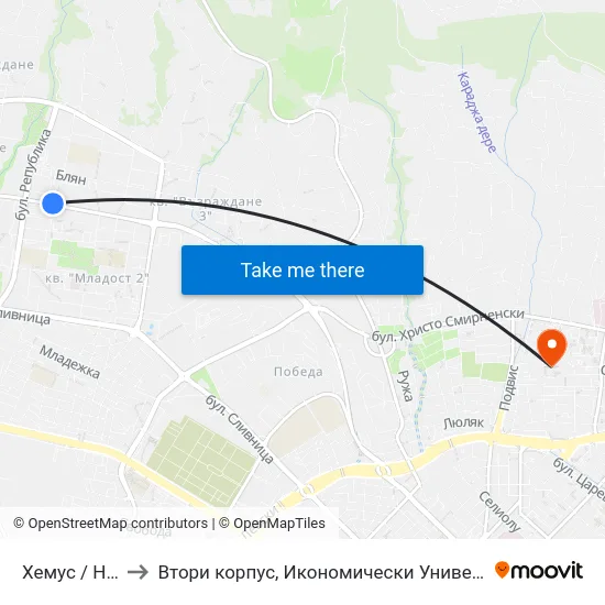 Хемус / Hemus to Втори корпус, Икономически Университет - Варна map