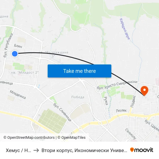 Хемус / Hemus to Втори корпус, Икономически Университет - Варна map