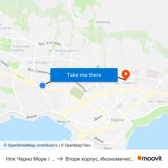Нпк Черно Море / Npk Cherno More to Втори корпус, Икономически Университет - Варна map