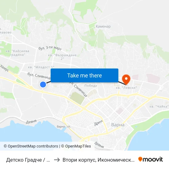 Детско Градче / Children's Town to Втори корпус, Икономически Университет - Варна map