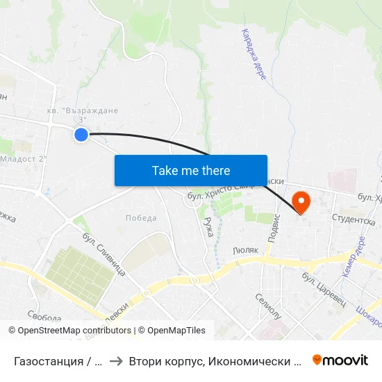 Газостанция / Gas Station to Втори корпус, Икономически Университет - Варна map
