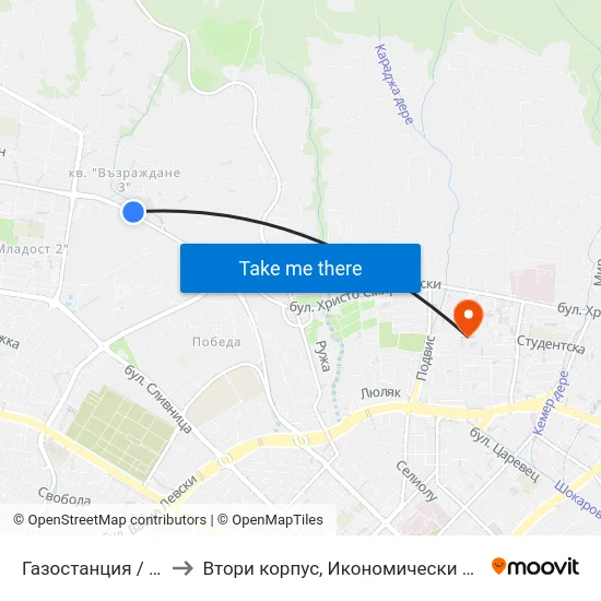 Газостанция / Gas Station to Втори корпус, Икономически Университет - Варна map
