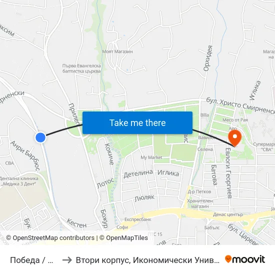 Победа / Pobeda to Втори корпус, Икономически Университет - Варна map