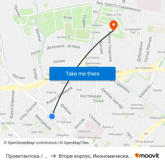 Проектантска / Proektantska to Втори корпус, Икономически Университет - Варна map