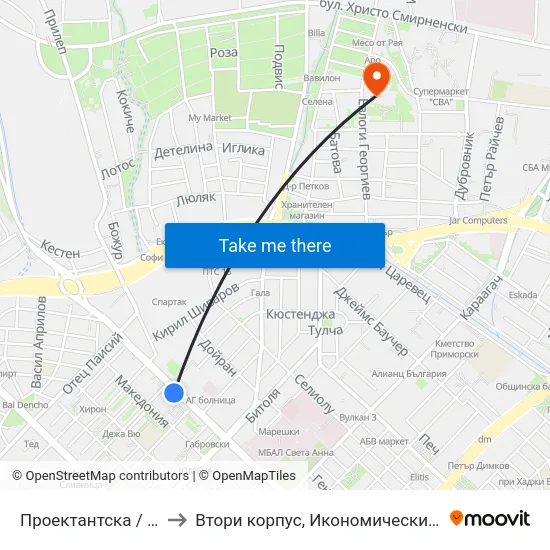 Проектантска / Proektantska to Втори корпус, Икономически Университет - Варна map