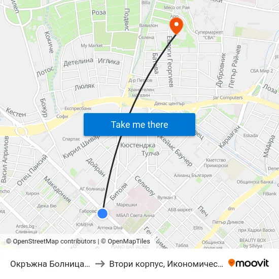Окръжна Болница / County Hospital to Втори корпус, Икономически Университет - Варна map