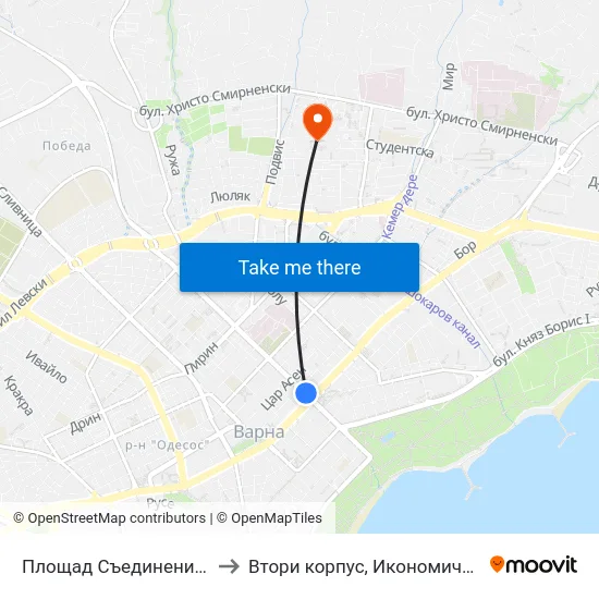 Площад Съединение / Saedinenie Square to Втори корпус, Икономически Университет - Варна map