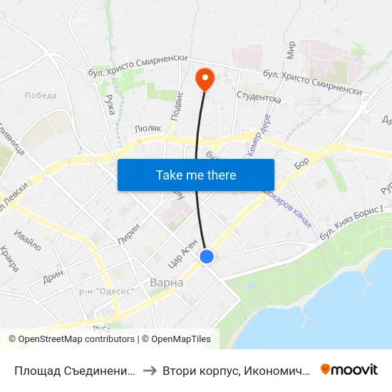 Площад Съединение / Square Saedinenie to Втори корпус, Икономически Университет - Варна map
