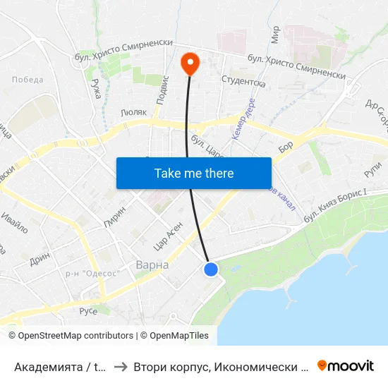 Академията / the Academy to Втори корпус, Икономически Университет - Варна map