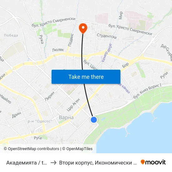 Академията / the Academy to Втори корпус, Икономически Университет - Варна map