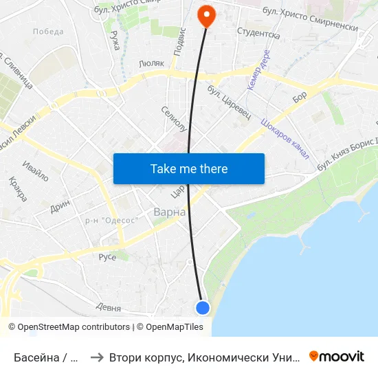 Басейна / Baseyna to Втори корпус, Икономически Университет - Варна map
