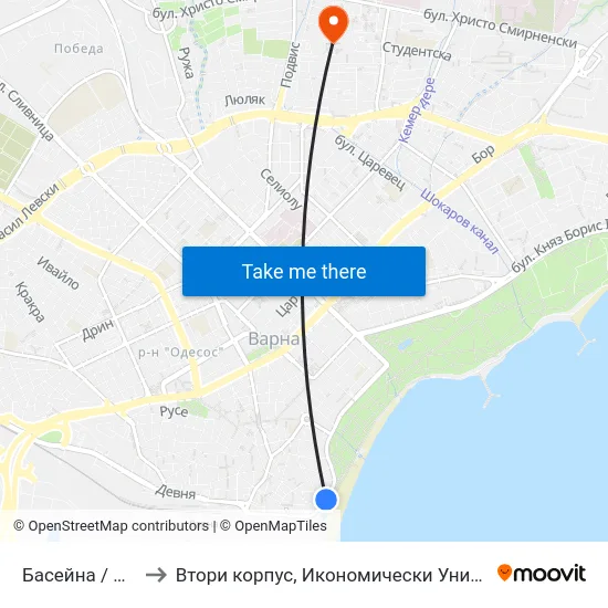 Басейна / Baseyna to Втори корпус, Икономически Университет - Варна map