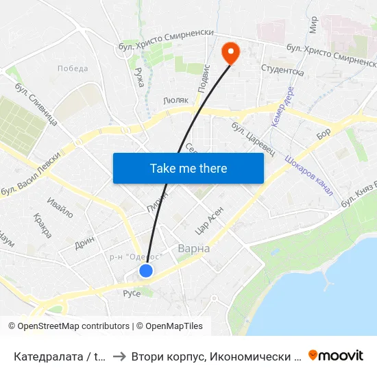 Катедралата / the Cathedral to Втори корпус, Икономически Университет - Варна map
