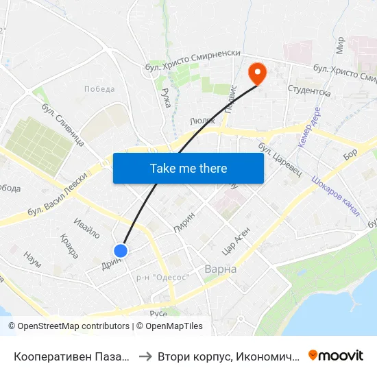Кооперативен Пазар / Cooperative Market to Втори корпус, Икономически Университет - Варна map