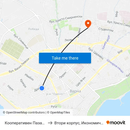Кооперативен Пазар / Cooperative Market to Втори корпус, Икономически Университет - Варна map