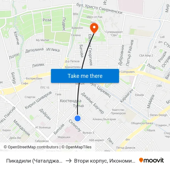 Пикадили (Чаталджа) / Piccadilly (Chataldzha) to Втори корпус, Икономически Университет - Варна map