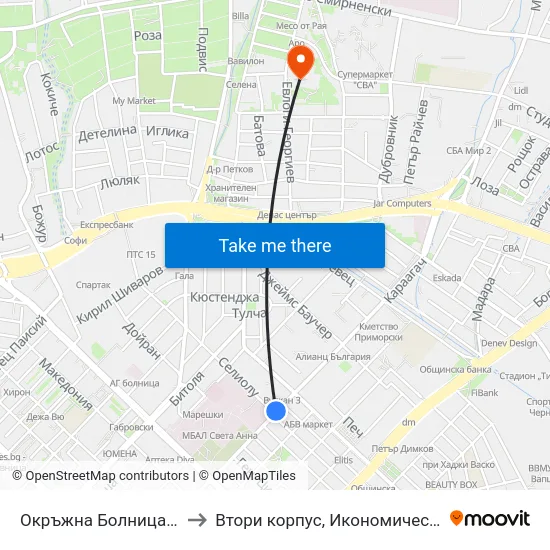 Окръжна Болница / County Hospital to Втори корпус, Икономически Университет - Варна map