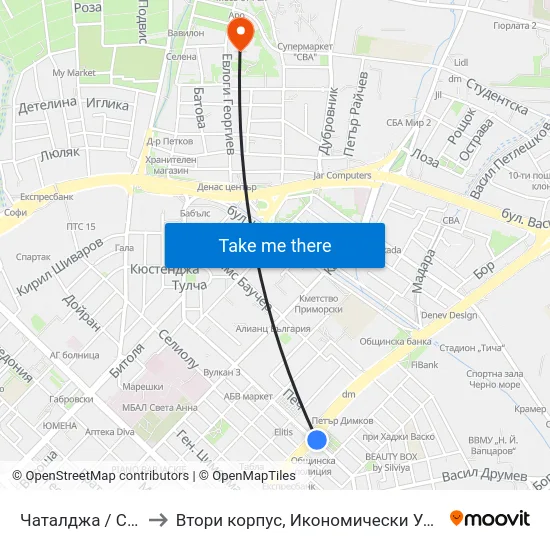 Чаталджа / Chataldzha to Втори корпус, Икономически Университет - Варна map