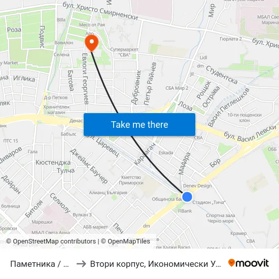 Паметника / Pametnika to Втори корпус, Икономически Университет - Варна map