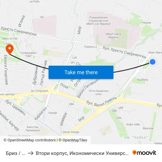 Бриз / Briz to Втори корпус, Икономически Университет - Варна map