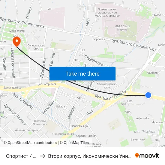 Спортист / Sportist to Втори корпус, Икономически Университет - Варна map