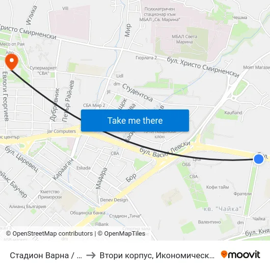 Стадион Варна / Varna Stadium to Втори корпус, Икономически Университет - Варна map