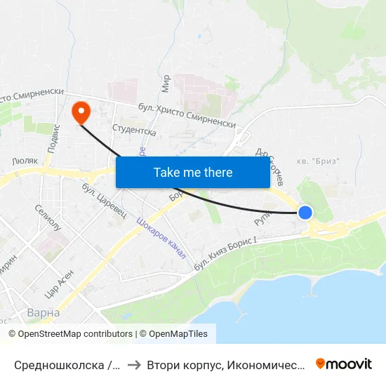 Средношколска / Srednoshkolska to Втори корпус, Икономически Университет - Варна map