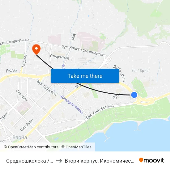 Средношколска / Srednoshkolska to Втори корпус, Икономически Университет - Варна map